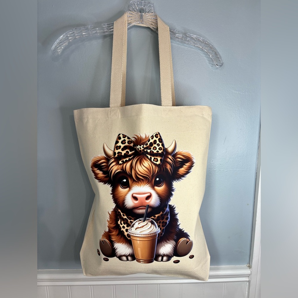 Cute Cow Canvas Tote with Leopard Bow Beige
Book Bag Groceries Beach Handmade